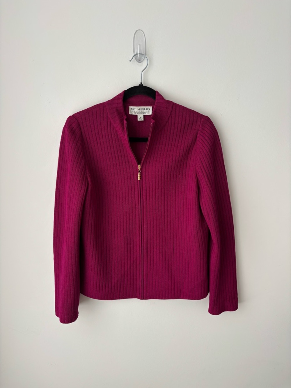 St. John Fuchsia Zip-Front Ribbed Knit Jacket